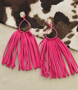 Hot Pink Leather Tassel Rhinestone Teardrop Earrings