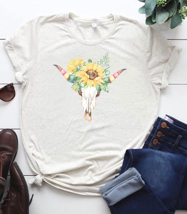 Boho Oatmeal Sunflower Bull Skull T-Shirt