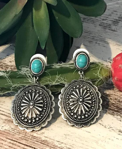 Turquoise Silver Western Concho Earrings
