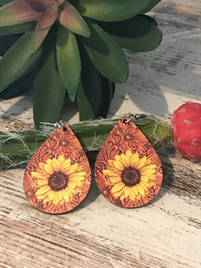 Sunflower Wood Teardrop Earrings
