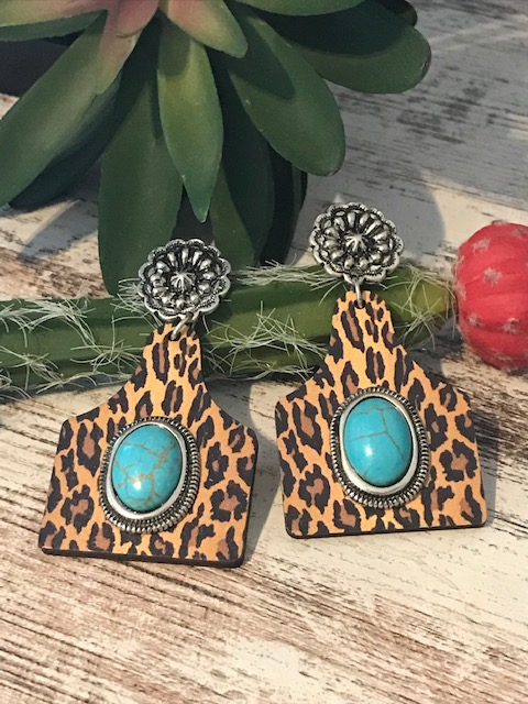 Turquoise Leopard Concho Cattle Tag Earrings