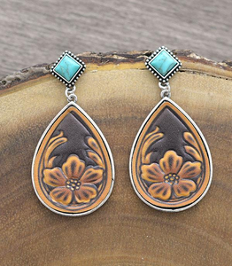Turquoise Teardrop Floral Leather Earrings