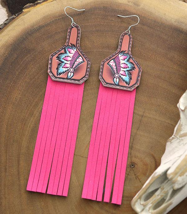Indian Pink Leather Fringe Earrings