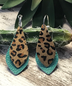 Cheetah Turquoise Leather Layered Earrings