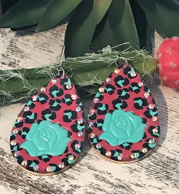 Turquoise Cheetah Rose Leather Earring