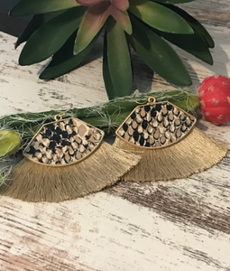 Tan Snakeskin Fan Tassel Earrings