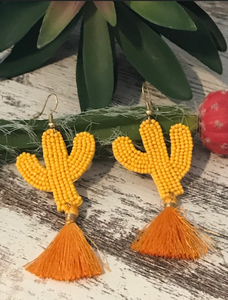 Mustard Cactus Tassel Drop Earrings