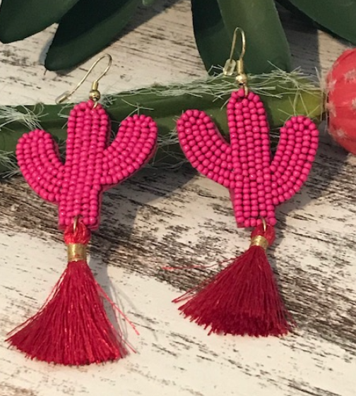 Hot Pink Seed Bead Cactus Tassel Earrings