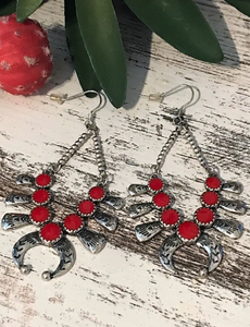 Silver Red Stone Squash Blossom Earrings