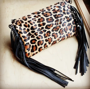 Genuine Leopard Leather Hair-On Hide Fringe Clutch Wristlet Handbag