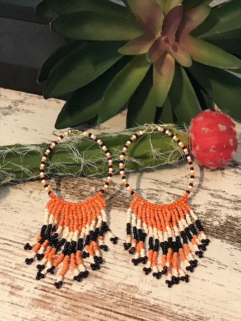 Orange Seed Bead Hoop Earrings