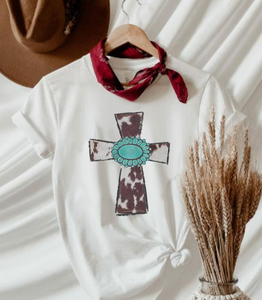 Cowhide Turquoise Cross Western Women's T-Shirt